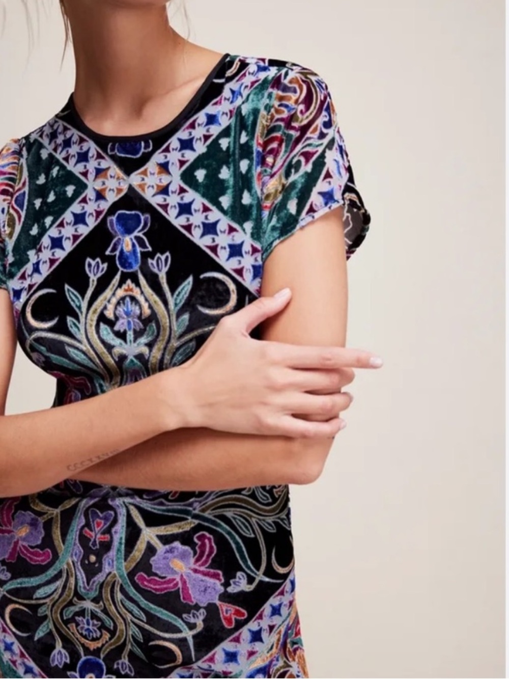 Free People Sz S Dress Iris Velvet Black Multicolour Midi Boho Festival Party - Picture 3 of 12